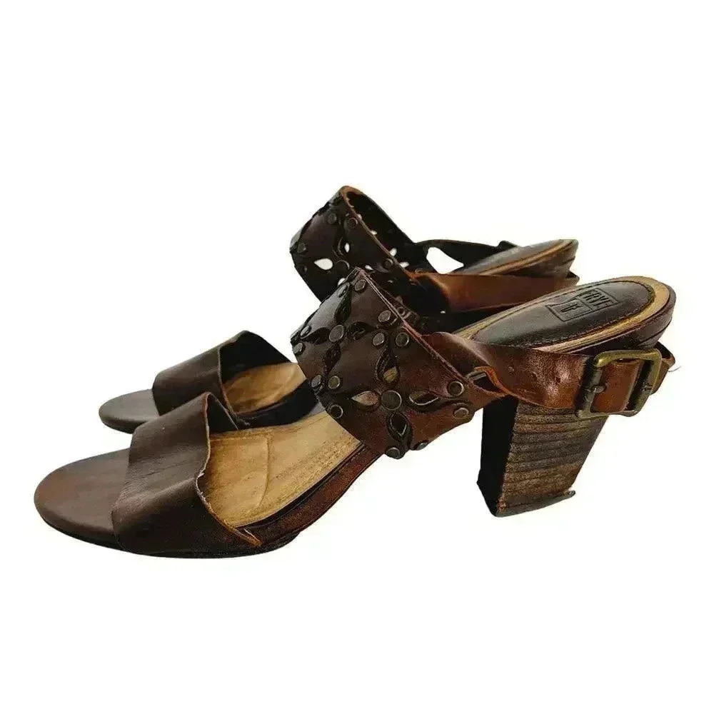 Frye Skye Sandals Brown Leather Chunky Heels Flower Cutouts Rivets Size 9